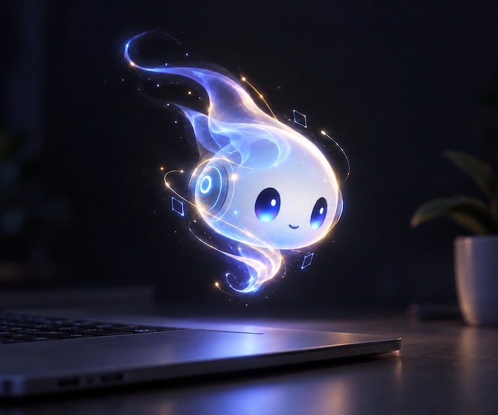 The wisp: a small glowing spirit, white and pale blue, floating above an open laptop on a desk at night.